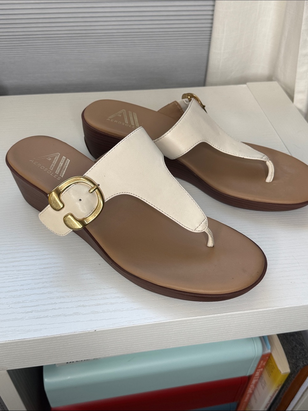 AEROSOLES White Vegan Leather Thong Sandal with Gold Accent